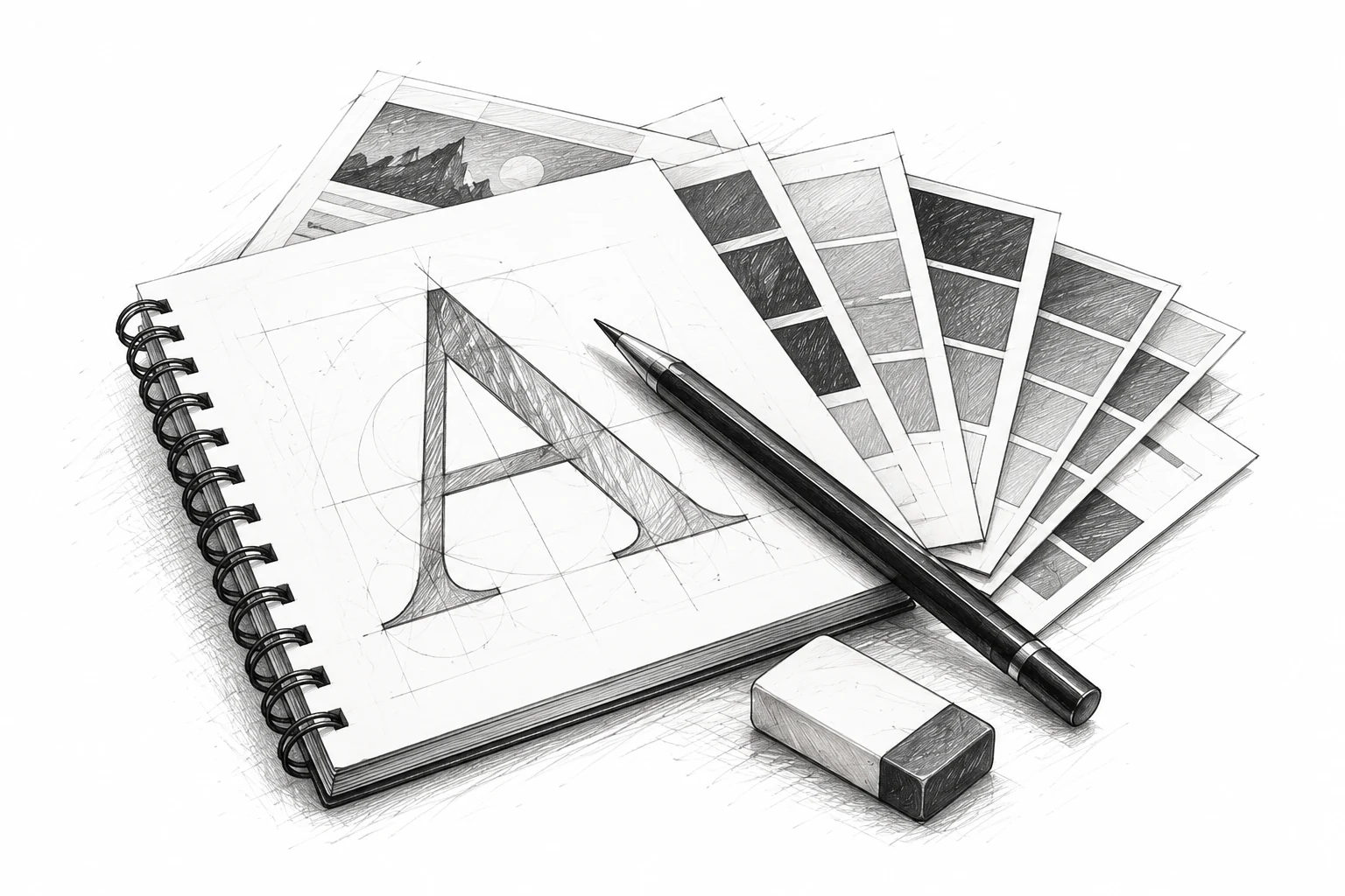 Pencil drawing of design typography, creative stationery and print materials