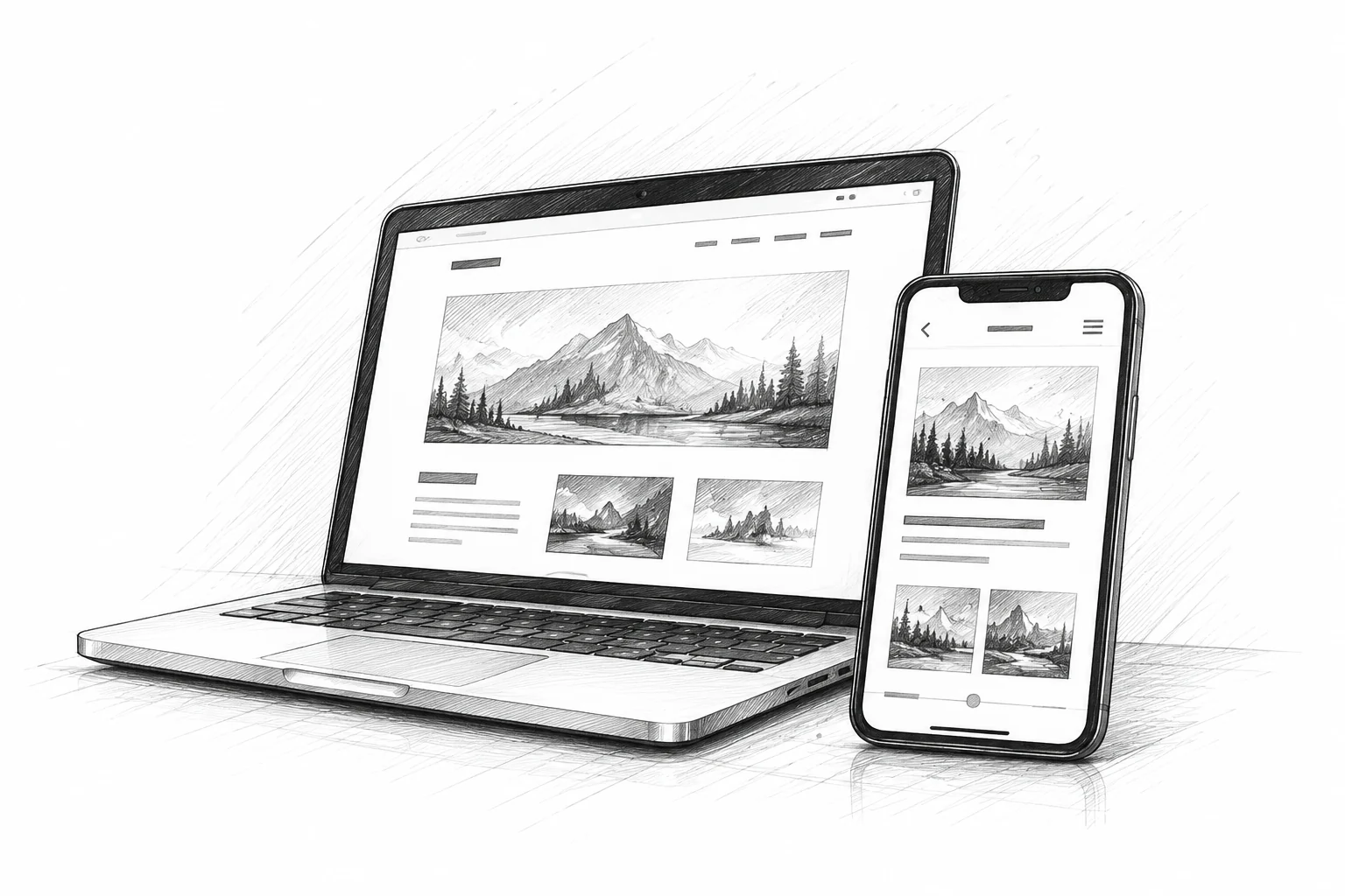 Pencil drawing of a laptop and mobile-friendly website